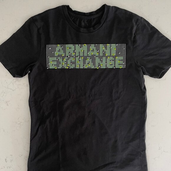 Armani Exchange Casual SS Crew Neck Cotton T Shirt Black Green w Beading Sz S - Picture 10 of 10